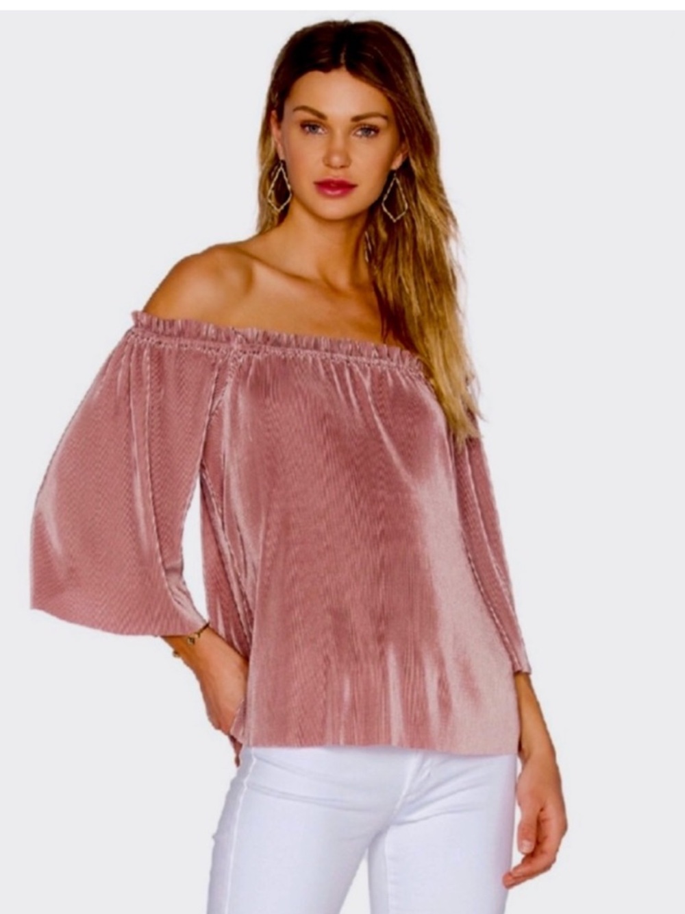 J.O.A Blush Pink Off-Shoulder Ruffle Crinkle Textured Flowy 3/4 Sleeve Blouse